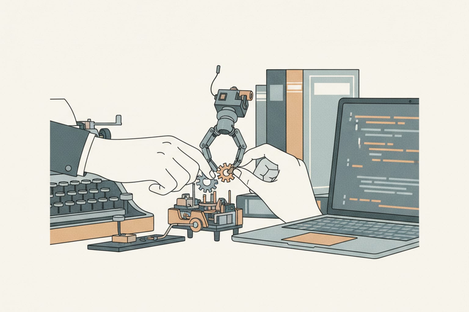 Des engrenages et des outils abstraits s'imbriquant dans un processus automatisé et fluide.