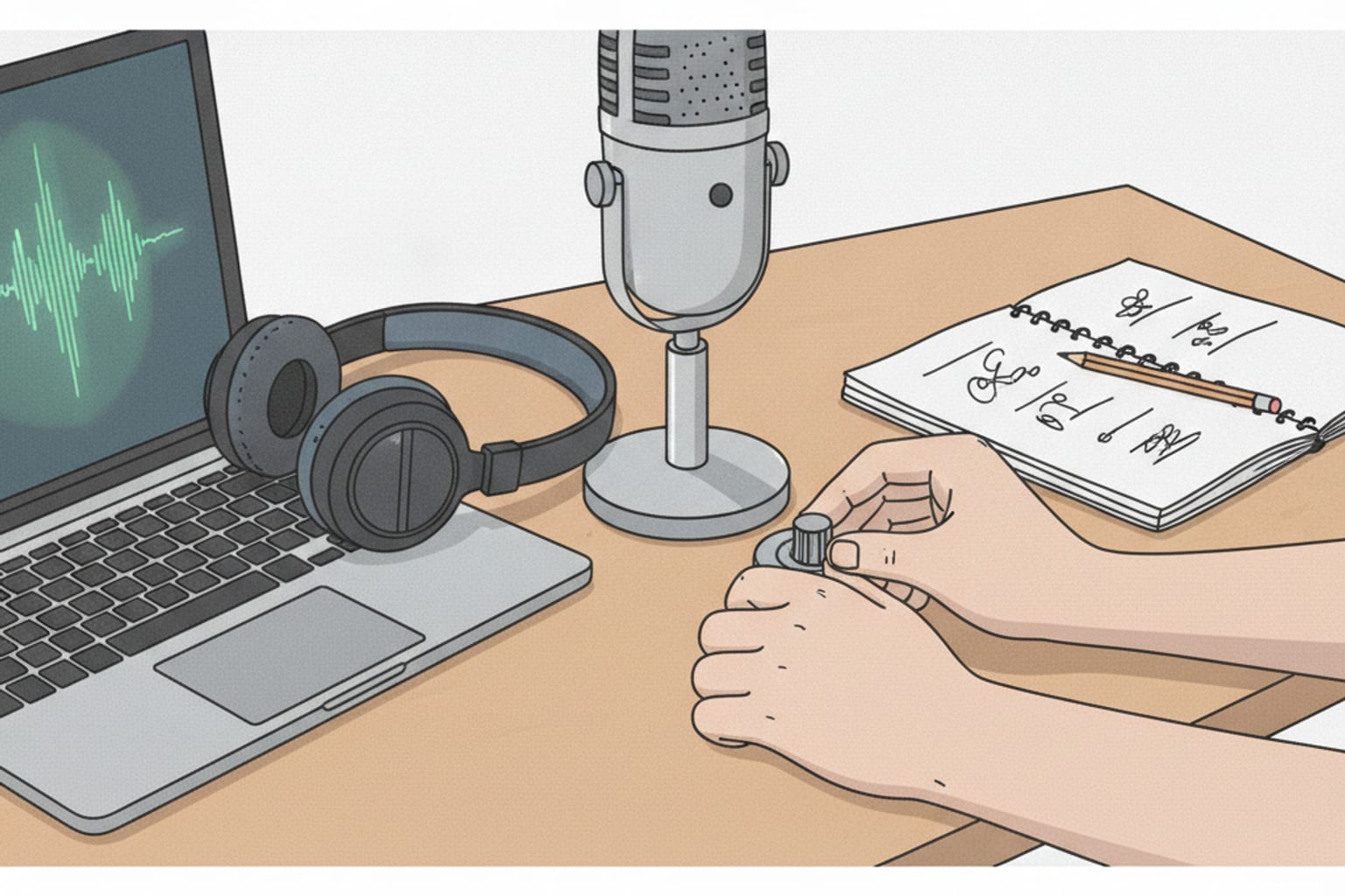 Abstract gears lowering a barrier to a microphone. Democratizing creation.