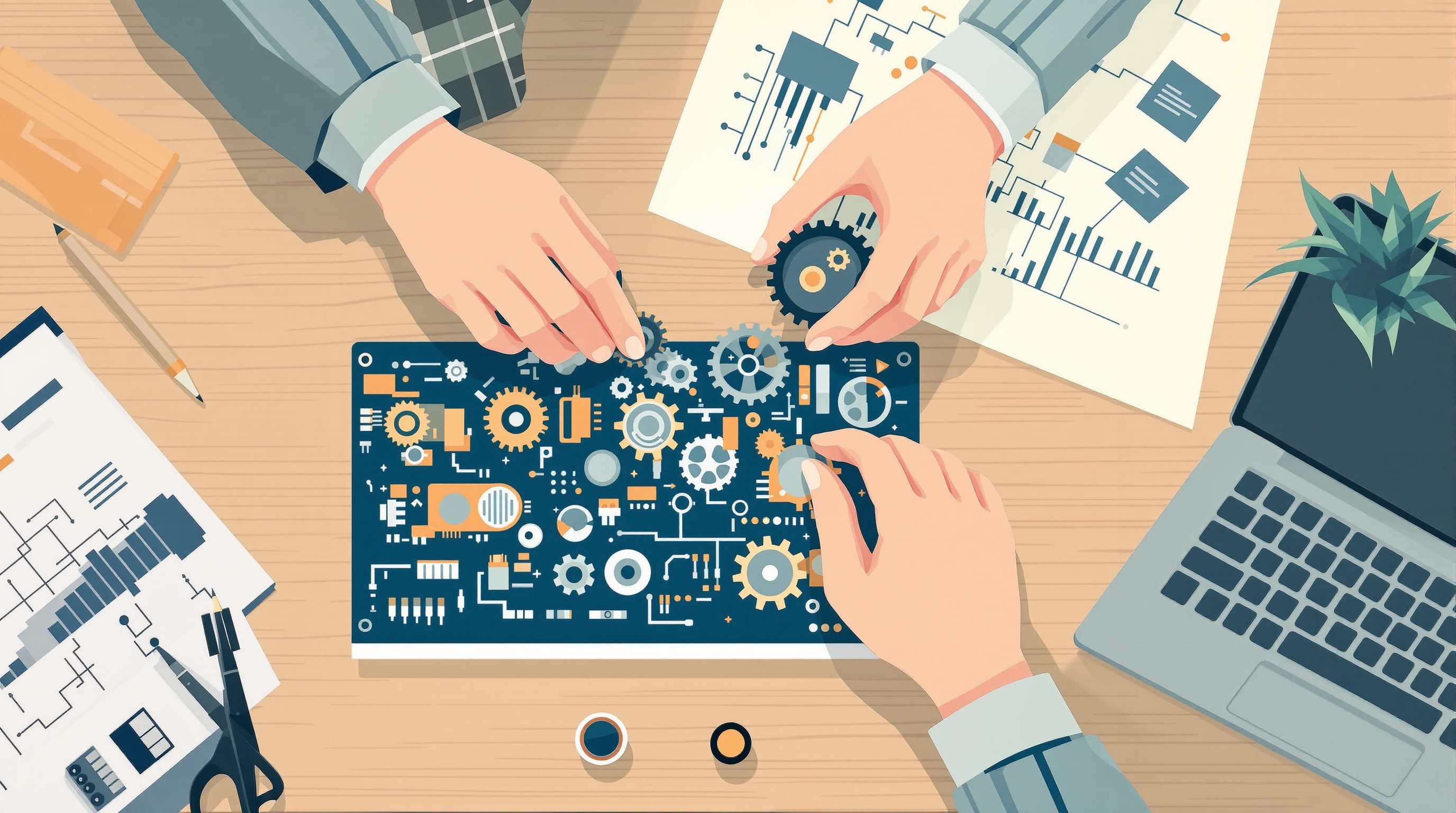 Diagramma astratto che mostra fasi interconnesse di pianificazione e implementazione strategica.