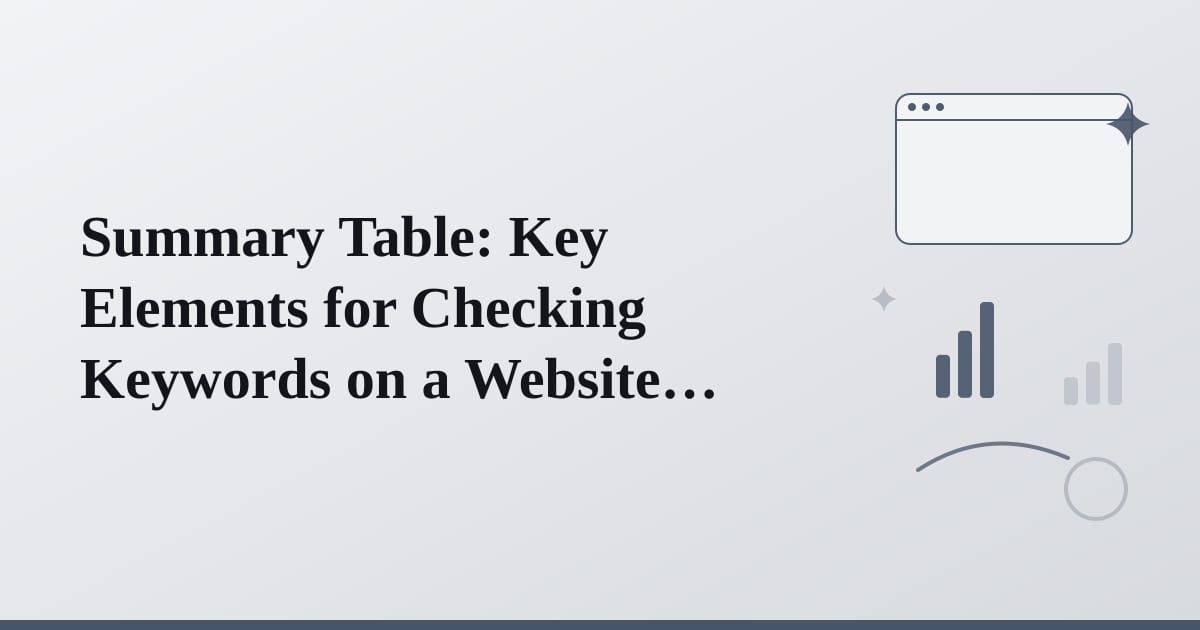 Editorial illustration for the section on summary table: key elements for checking keywords on a website