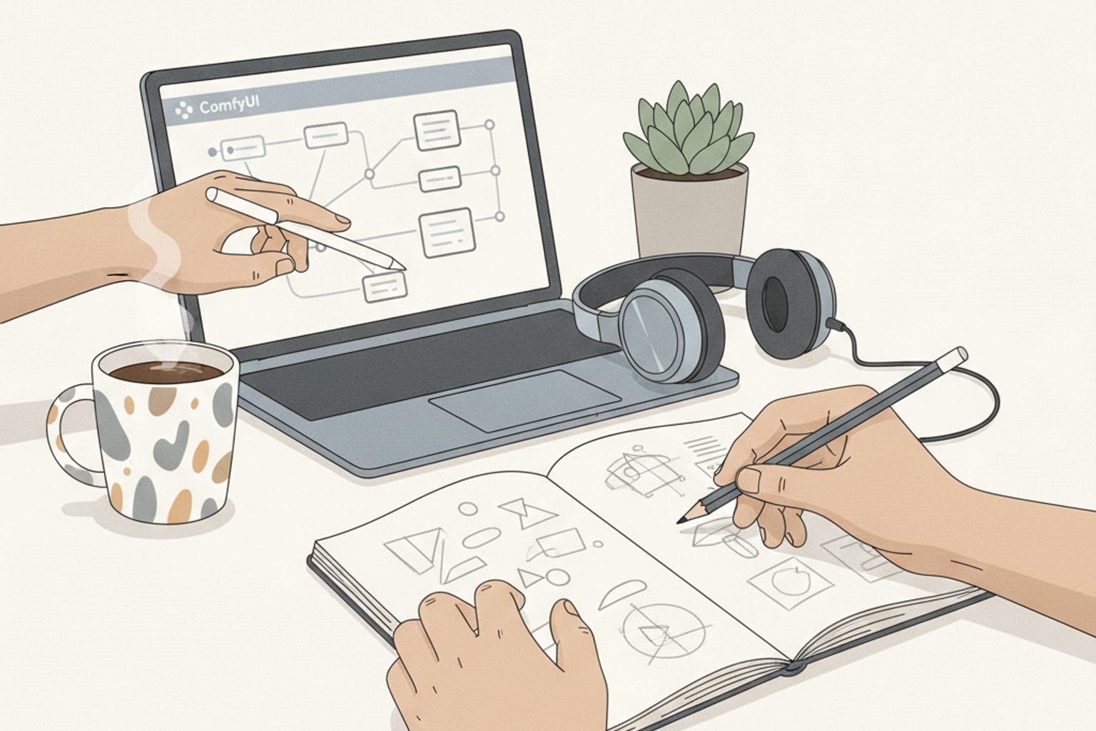 Representación visual de herramientas y automatización optimizando un flujo de trabajo creativo.