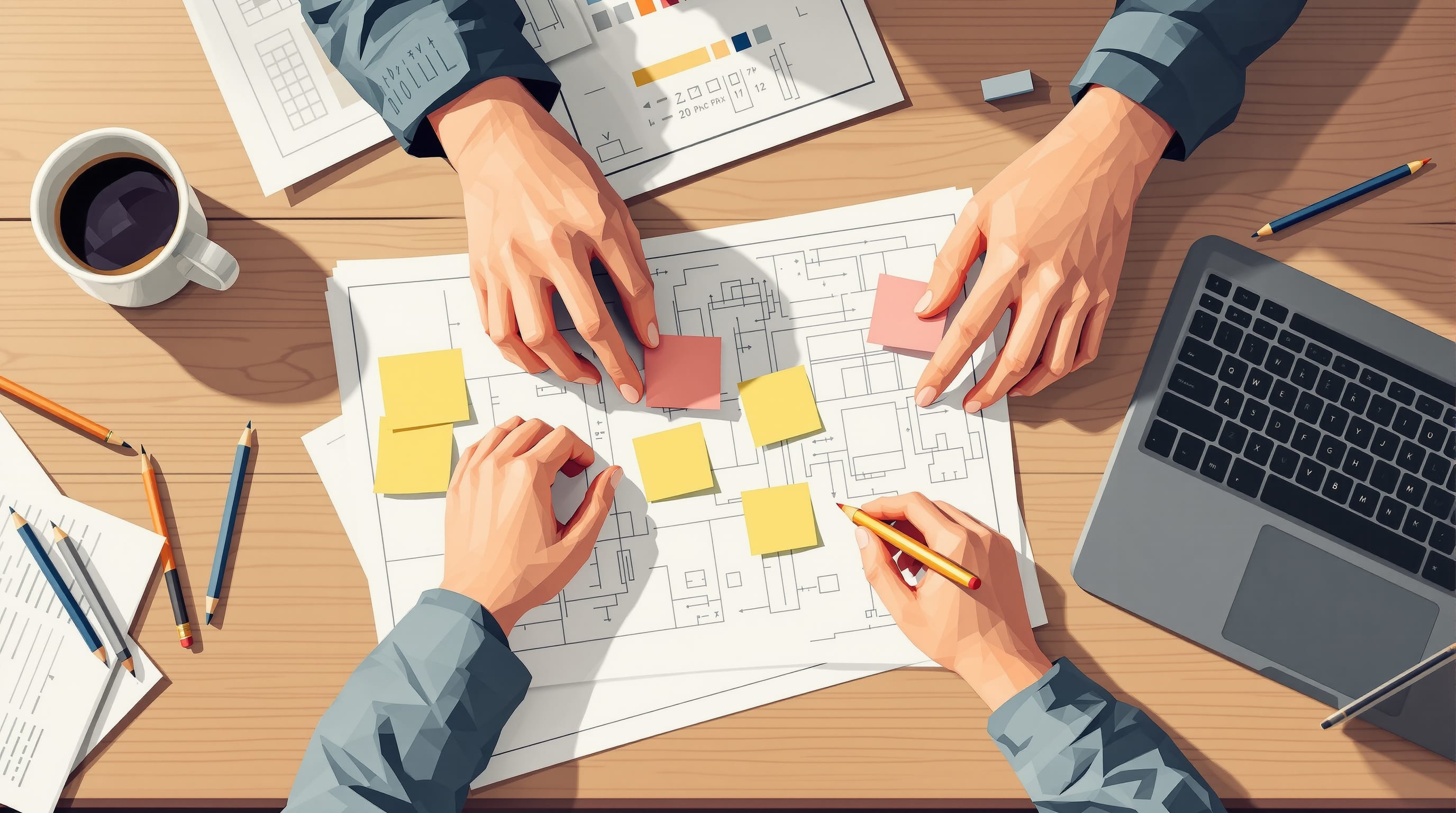 Pasos estructurados visualizados como formas abstractas ascendentes construyendo hacia la complejidad y sostenibilidad.