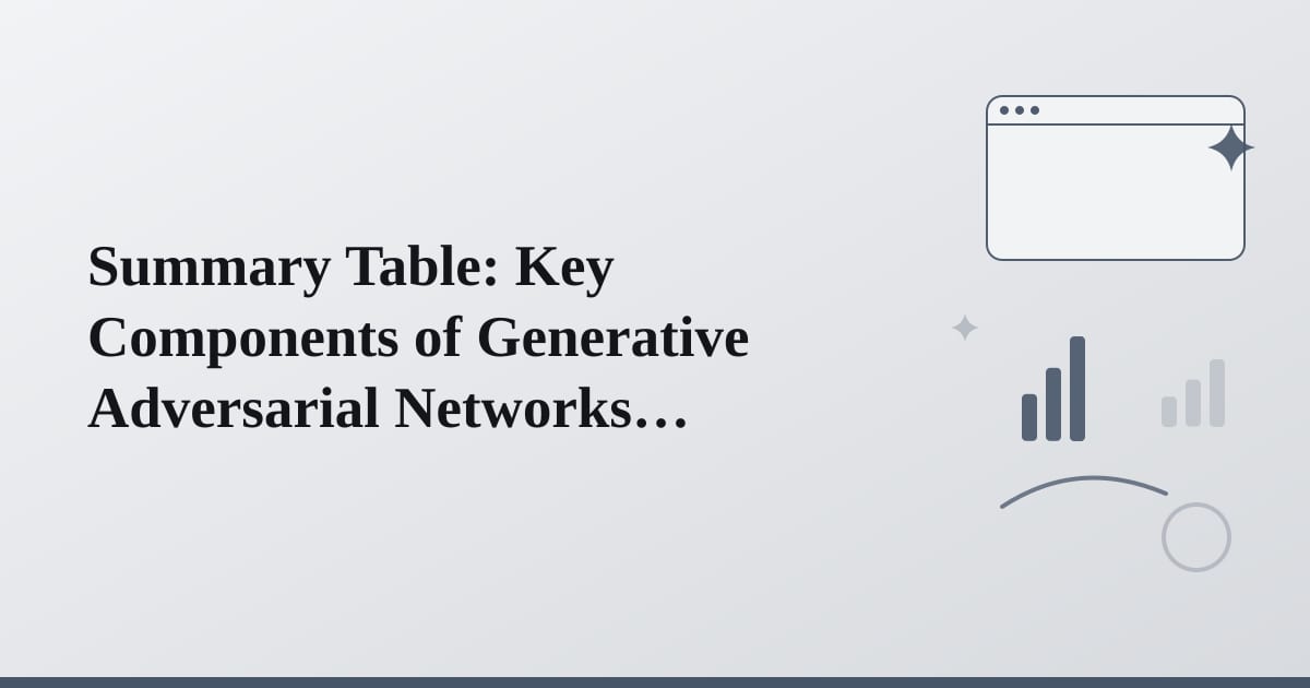 Editorial illustration for the section on summary table: key components of generative adversarial networks