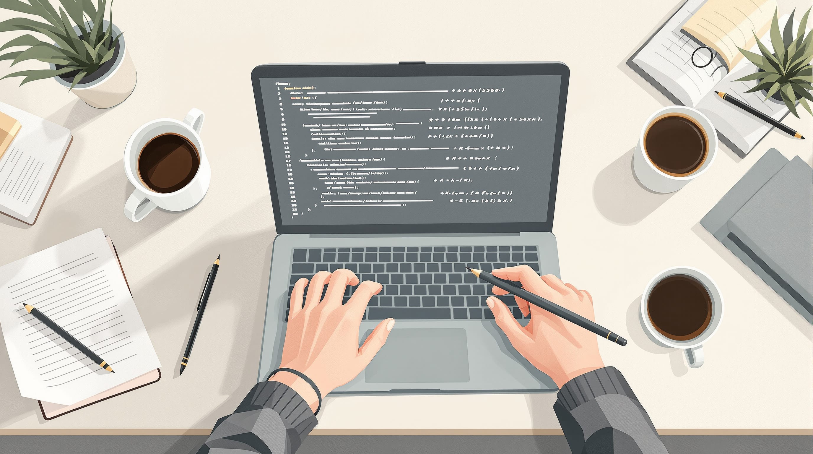 Composizione astratta di simboli tecnici e codice che suggerisce competenze di programmazione necessarie.