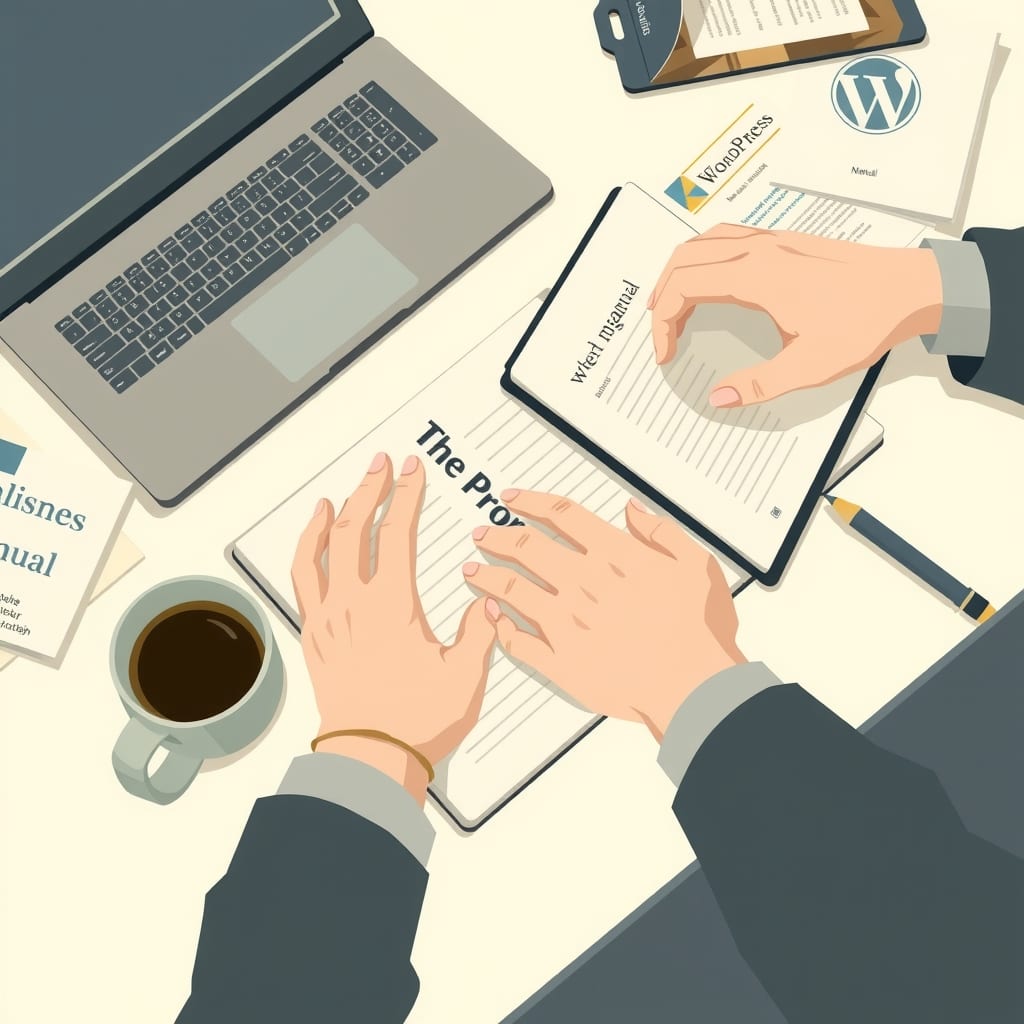 Editorial illustration for the section on estrategia completa de alojamiento y seo en wordpress: paso a