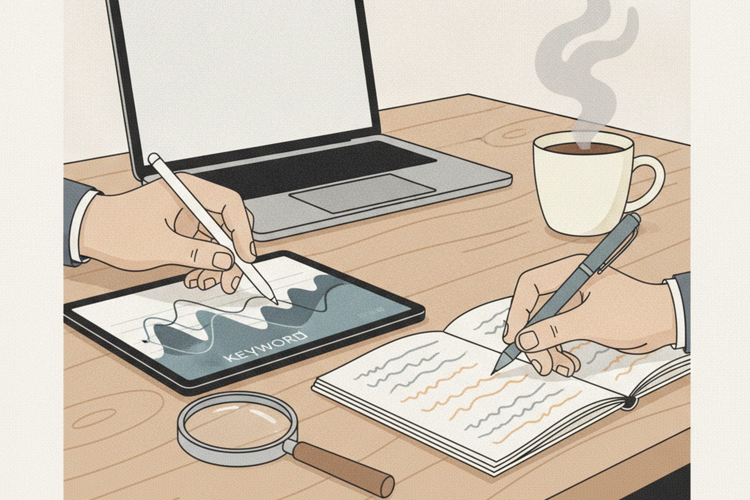 Editorial illustration for the section on phân tích chi tiết các công cụ từ khóa hàng