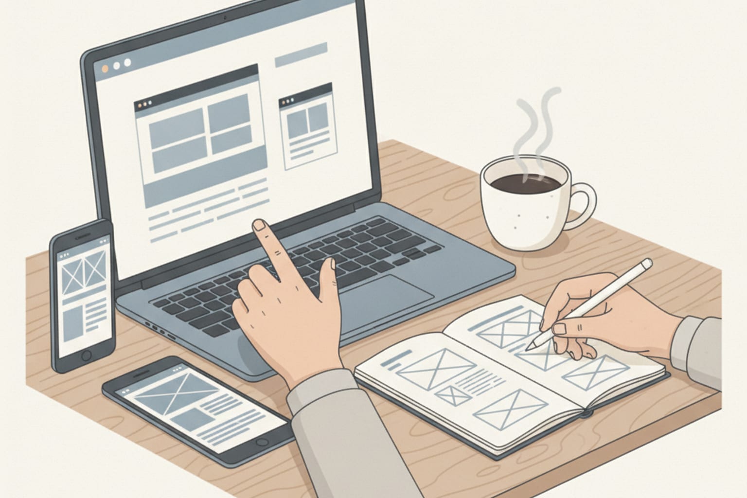 A flexible web layout morphing between a phone and desktop screen.