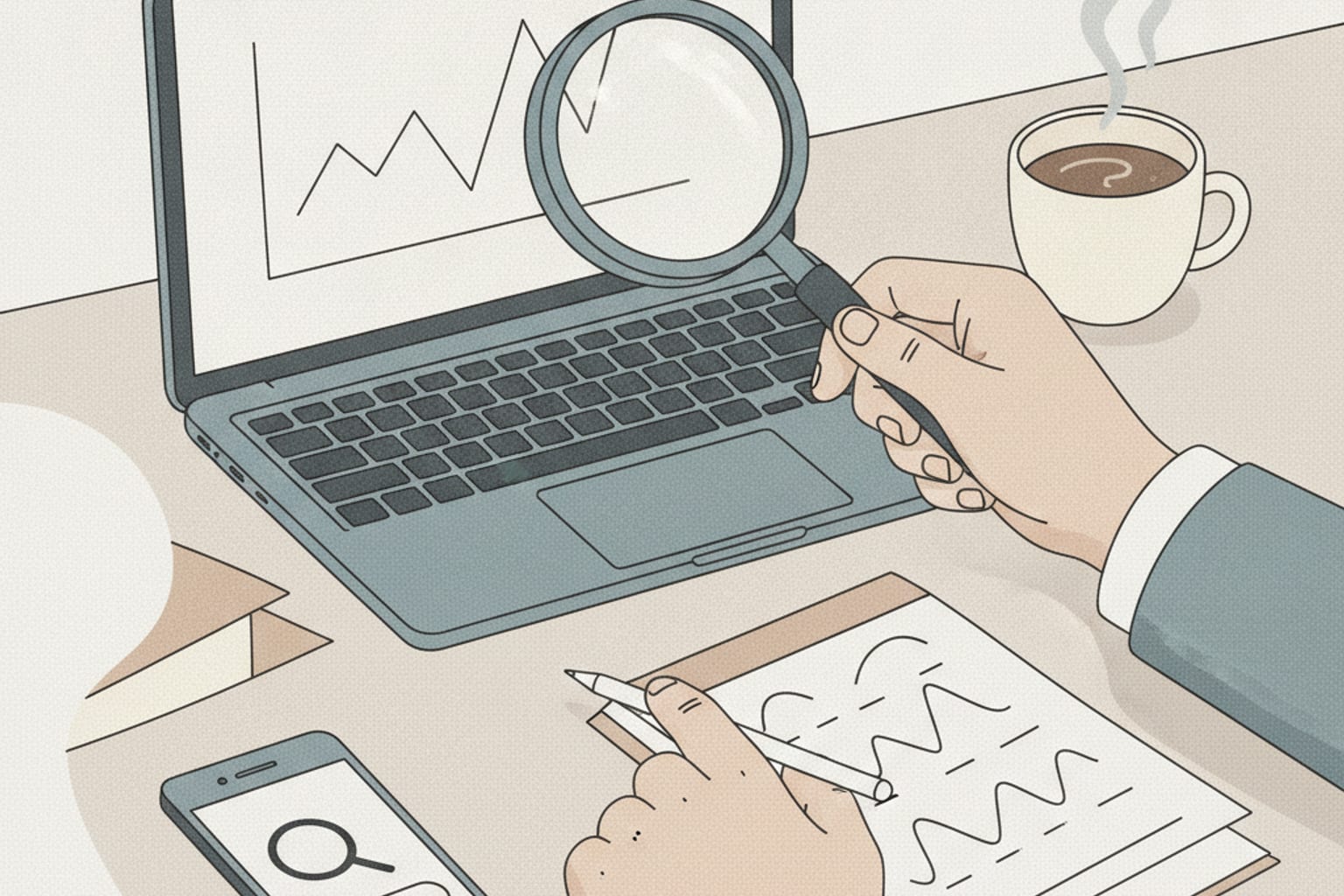 A magnifying glass hovering over a rising arrow on a graph.