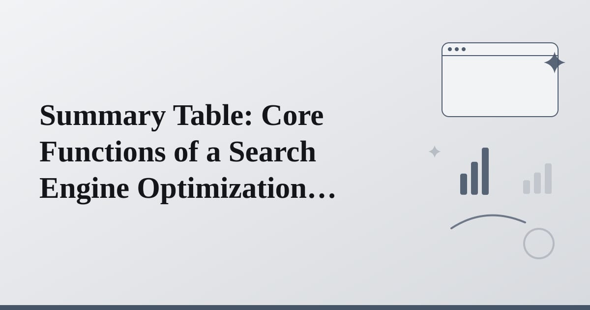 Editorial illustration for the section on summary table: core functions of a search engine optimization company