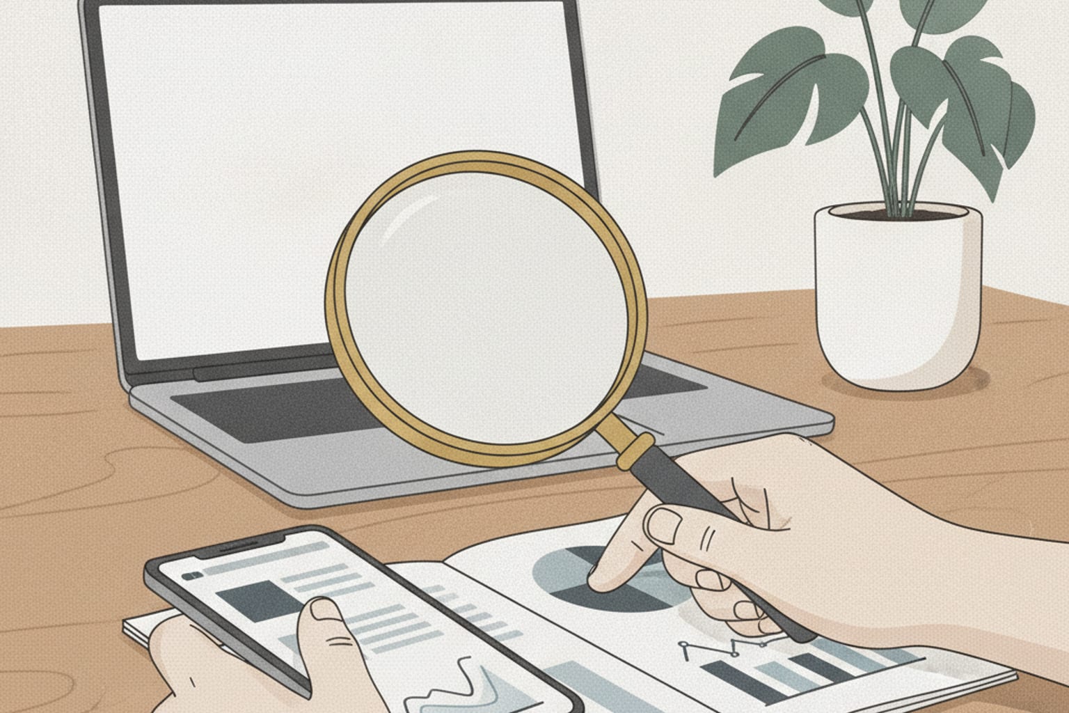 A magnifying glass focusing on upward-trending arrows and a target.