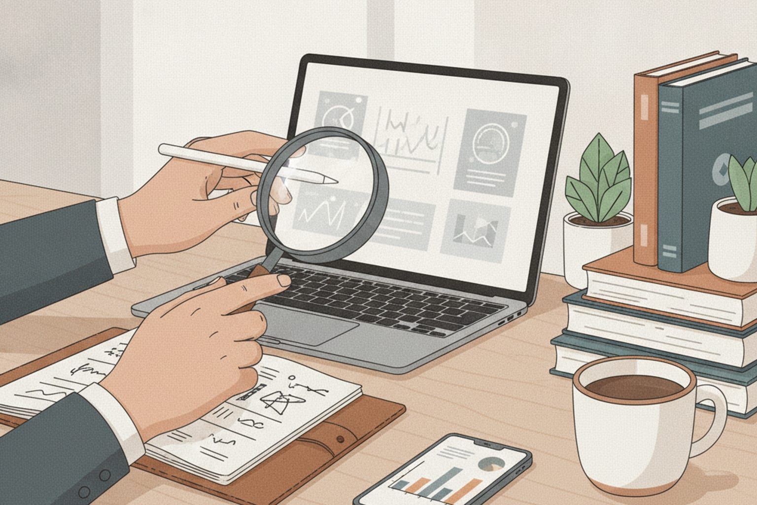 Illustration abstraite d'engrenages connectés à des outils numériques, représentant l'automatisation de l'analyse.