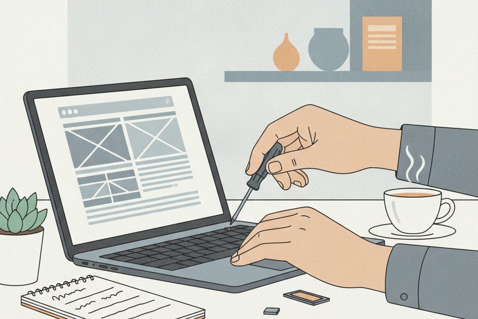 Editorial illustration for the section on maintenance, sauvegarde et quand passer à un plan payant