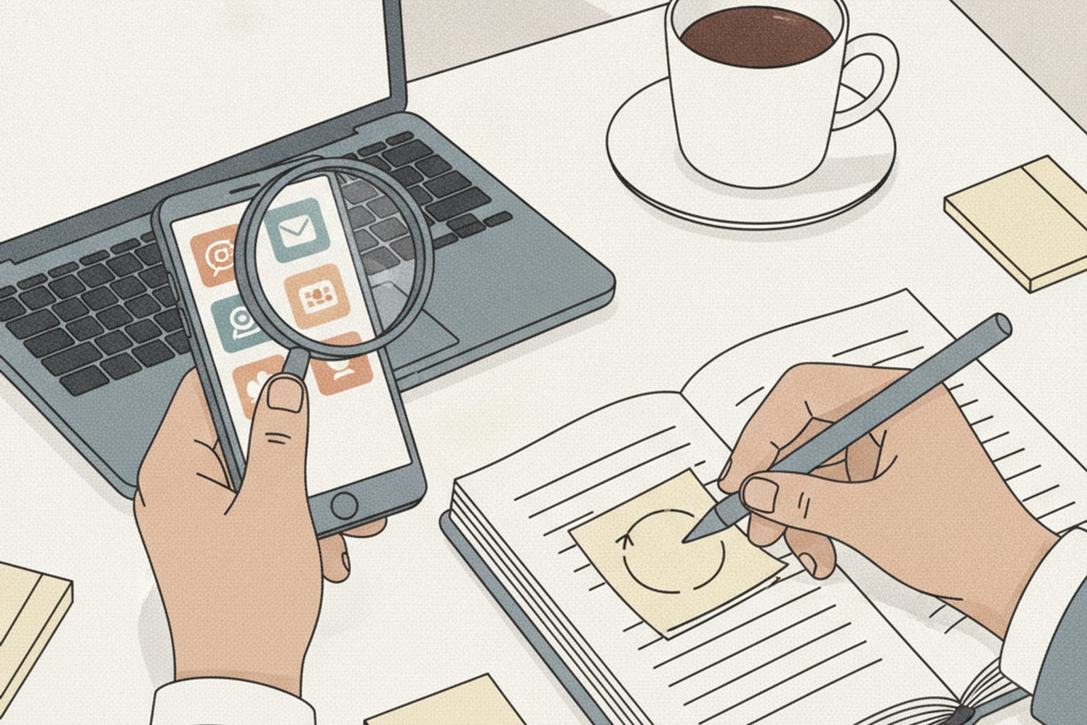 Abstract robotic arms organizing and connecting various geometric shapes and icons.