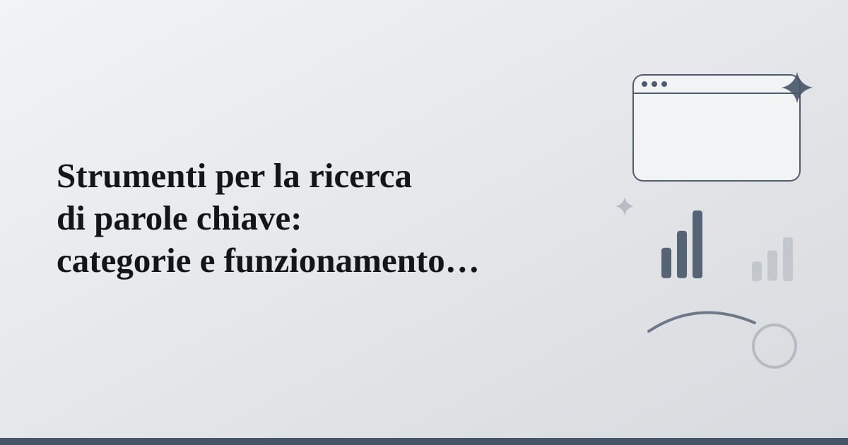 Editorial illustration for the section on strumenti per la ricerca di parole chiave: categorie e funzionamento