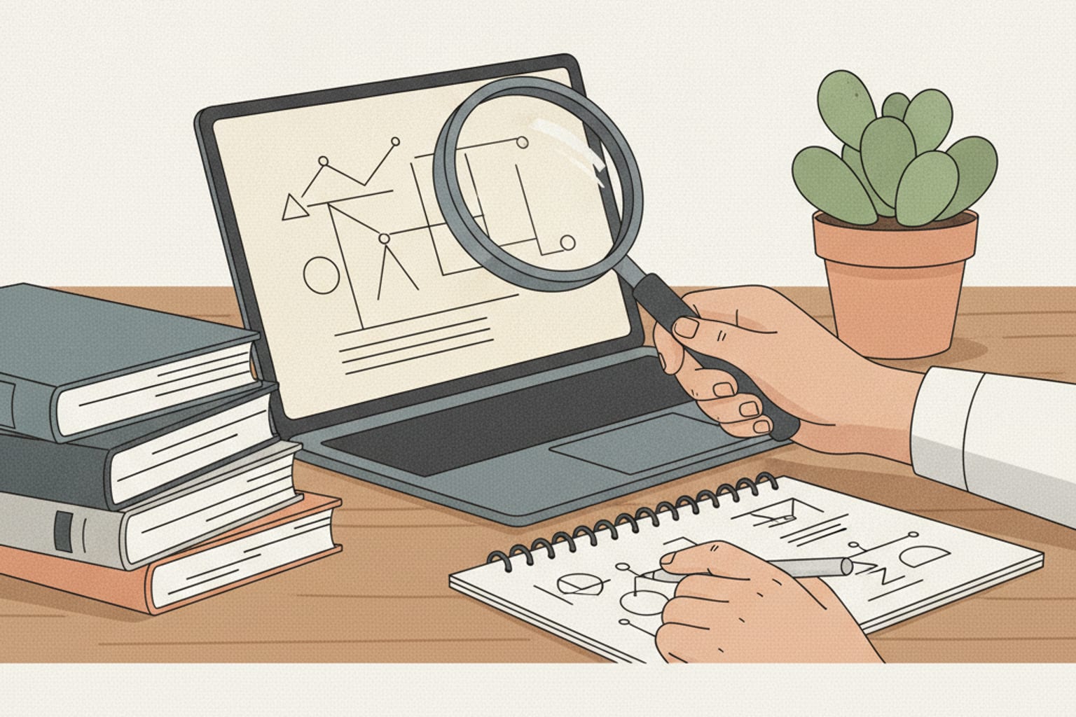 A dashboard with rising metrics on a graph and a magnifying glass.